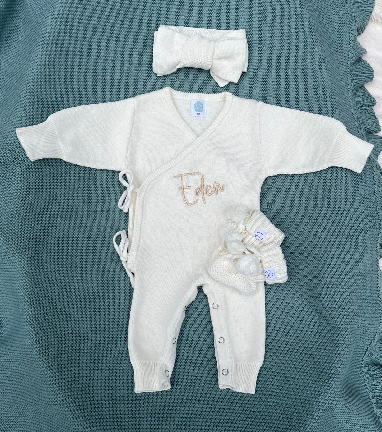 Luxury Crossover Long Romper, Headband Or Hat & Booties Set Soft Cream