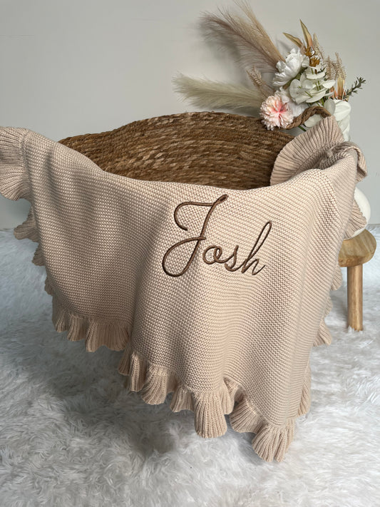Frill Edge 100% Cotton Knit Personalised Baby Blanket Teddy