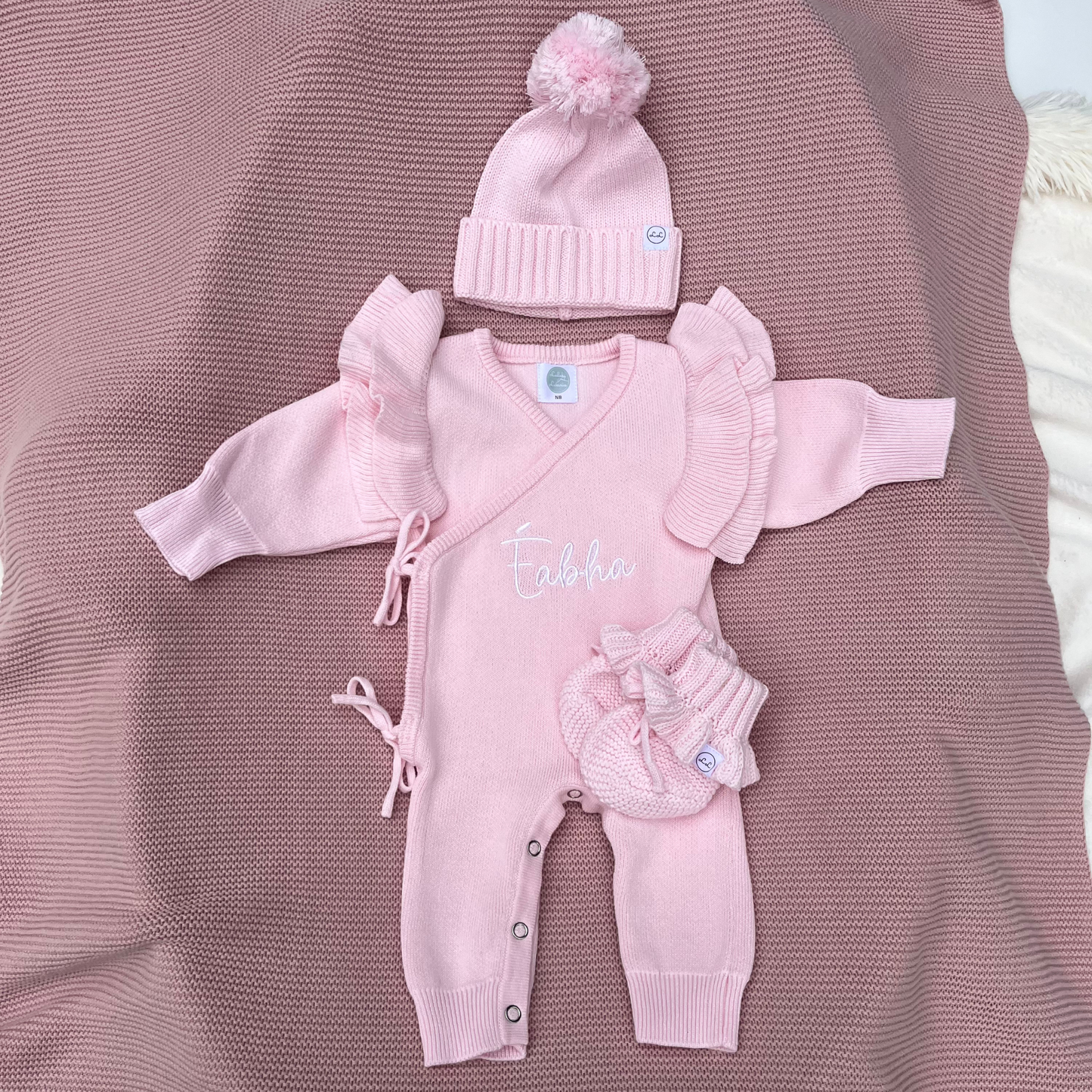 Luxury Crossover Long Romper, Headband Or Hat & Booties Set Powder Pink