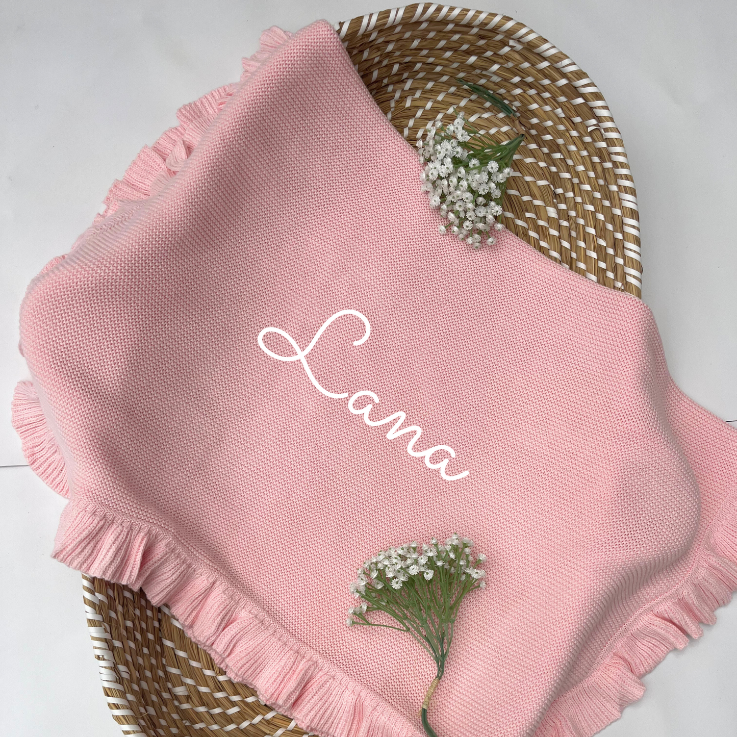 Frill Edge 100% Cotton Knit Personalised Baby Blanket Peony