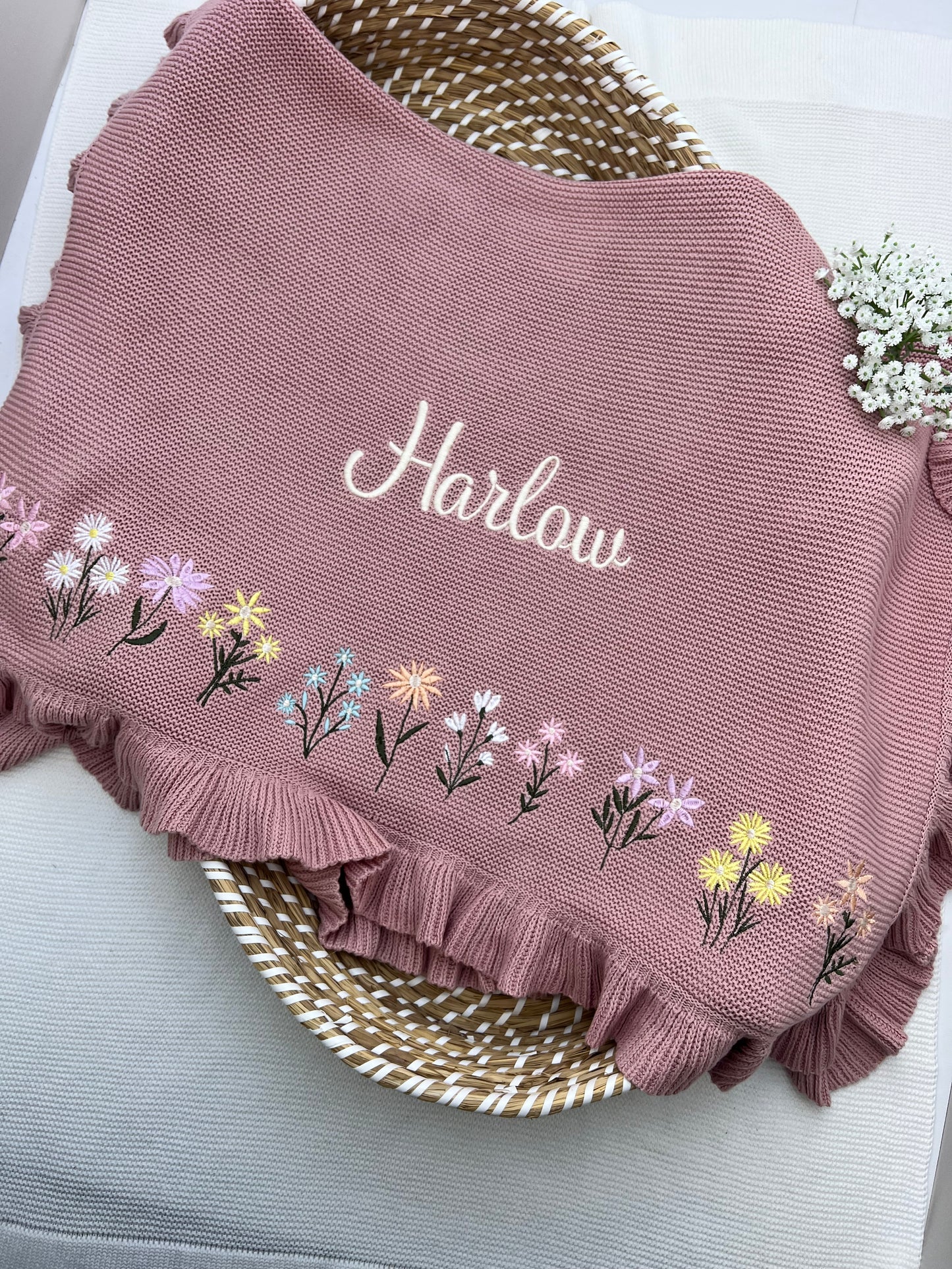 Bespoke Floral design Blanket Frill Edge (Please allow 8-10days for this item to be made)