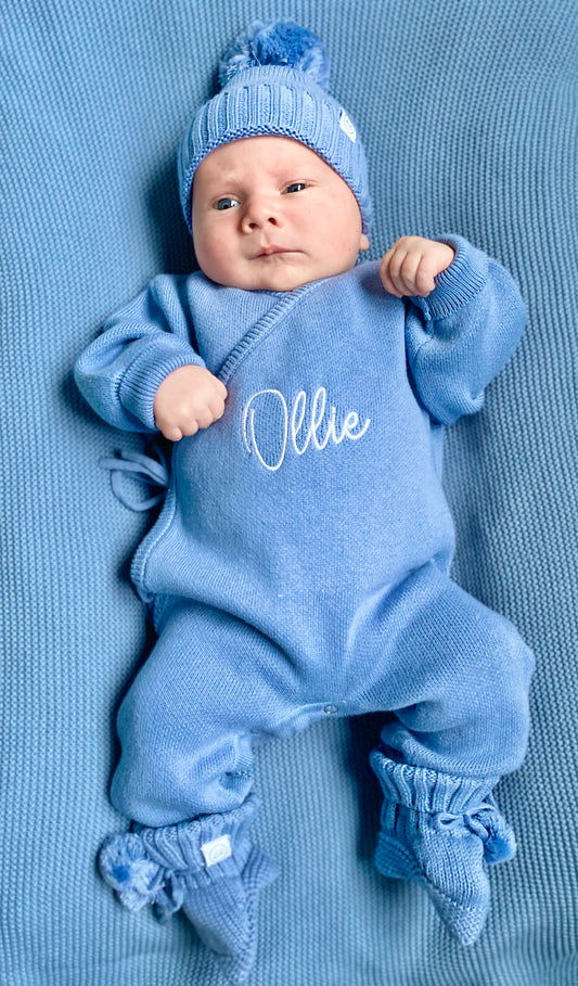 Luxury Crossover Long Romper, Hat & Booties Set Powder Blue