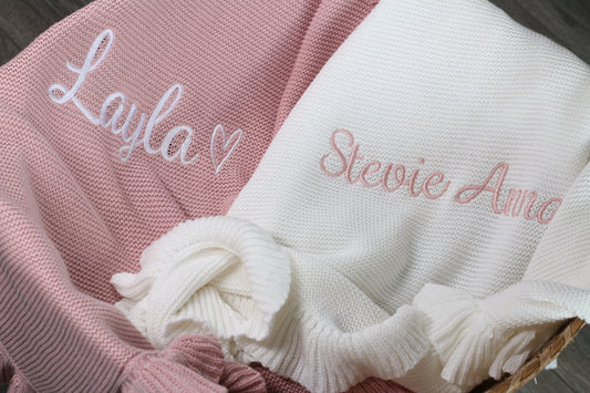 100% Cotton Personalised Frill Knit Blankets (Available in 8 colours)