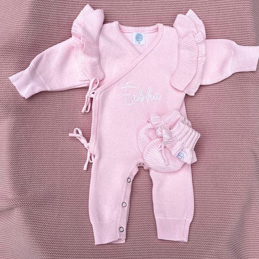 Luxury Crossover Long Romper & Booties Set Powder Pink