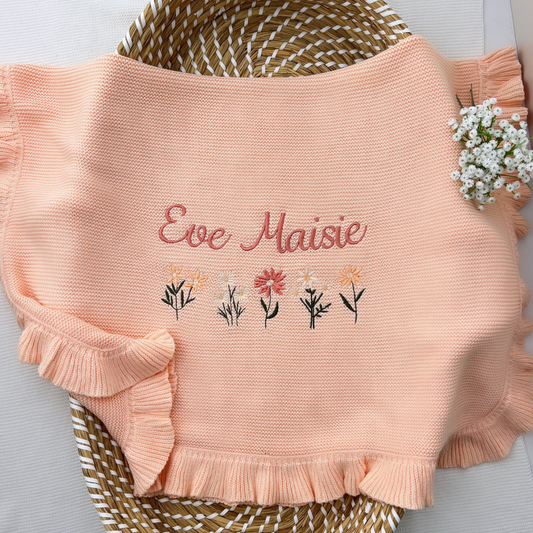Frill Edge 100% Cotton Knit Personalised Baby Blanket Peach Pop (Flowers are an optional extra)