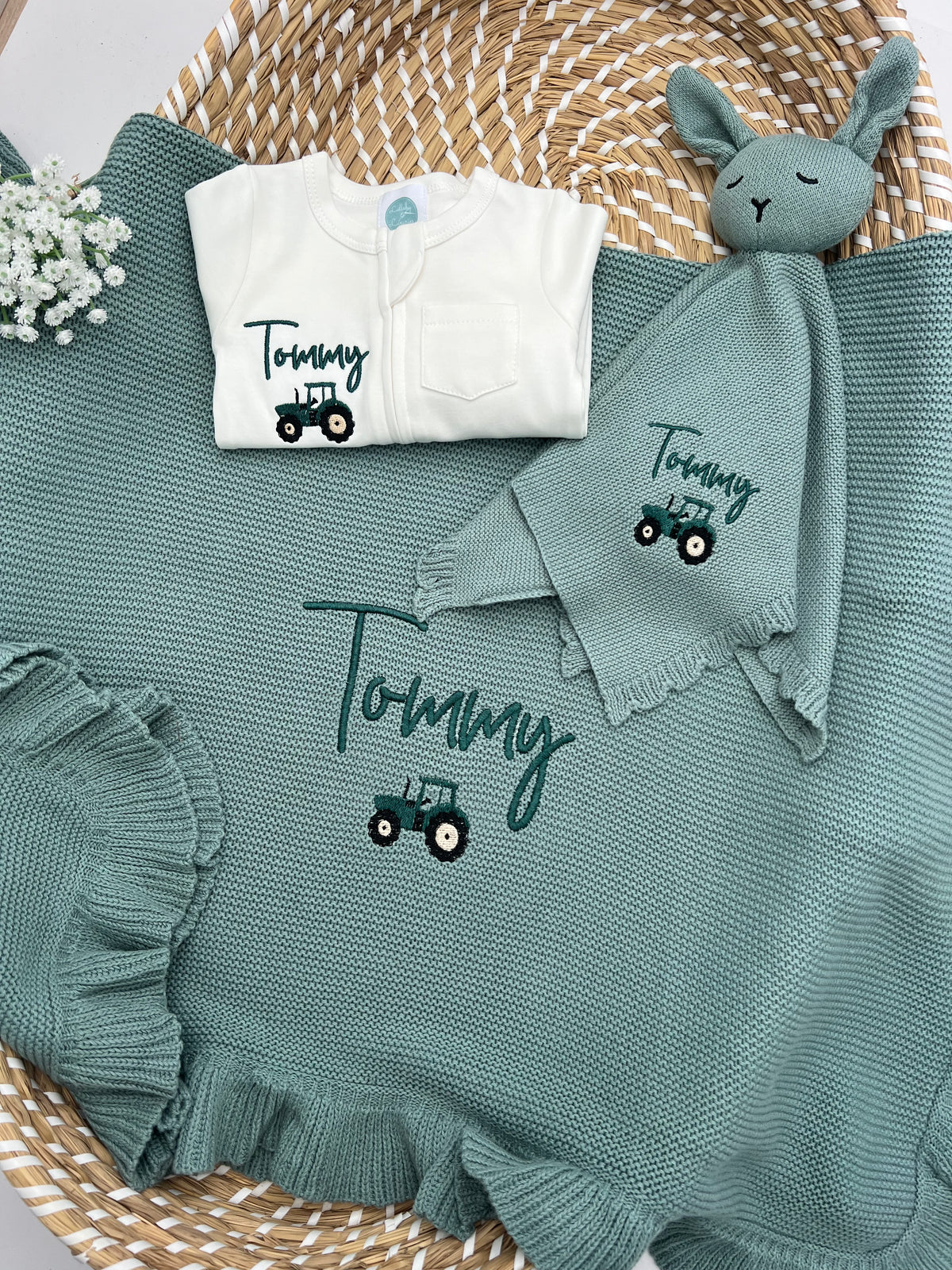 Build your own 3 piece Frill Knit Blanket, Teddy & Babygrow Bundle (More Colours available)
