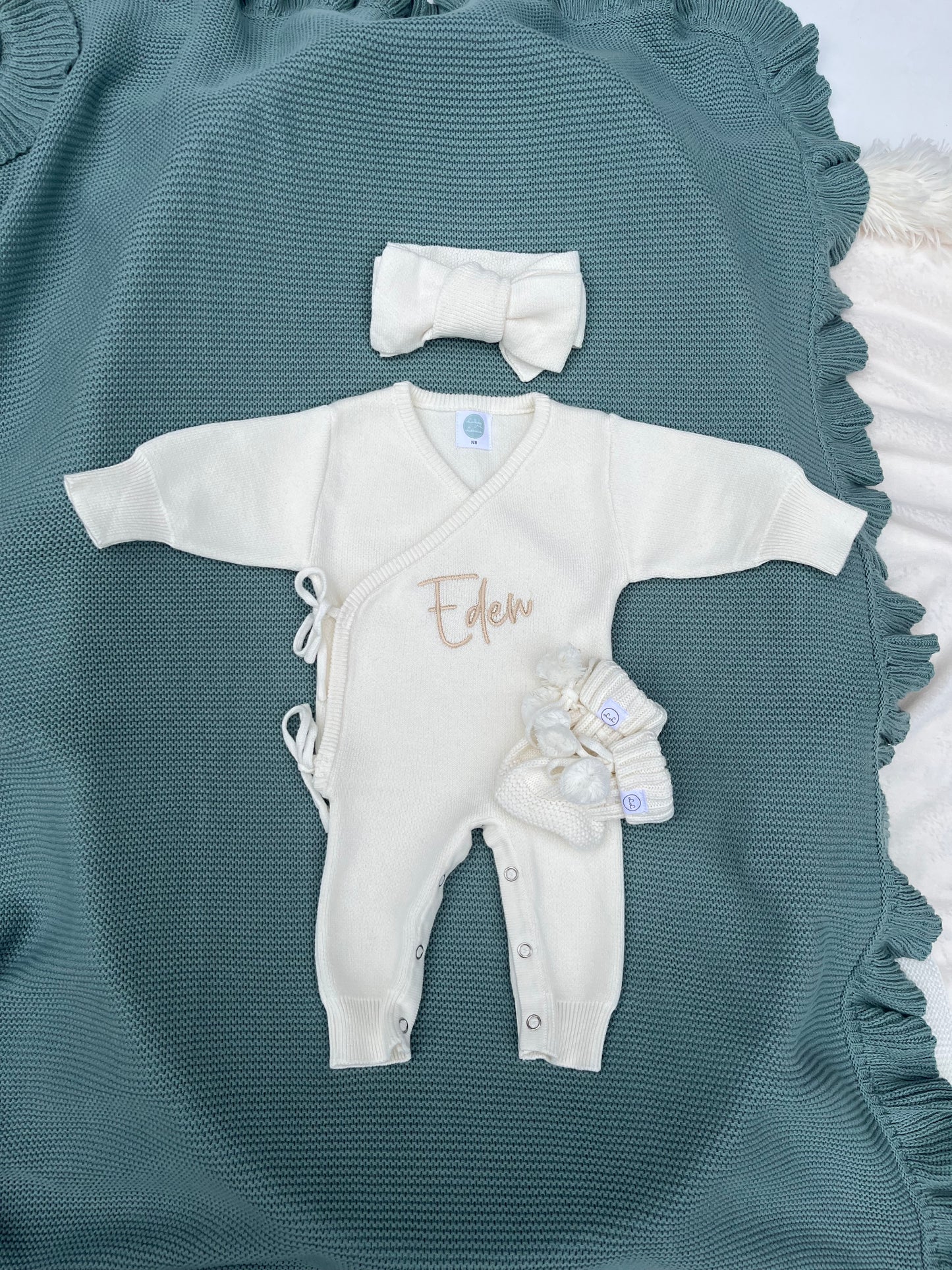 Luxury Crossover Long Romper, Headband Or Hat & Booties Set Soft Cream