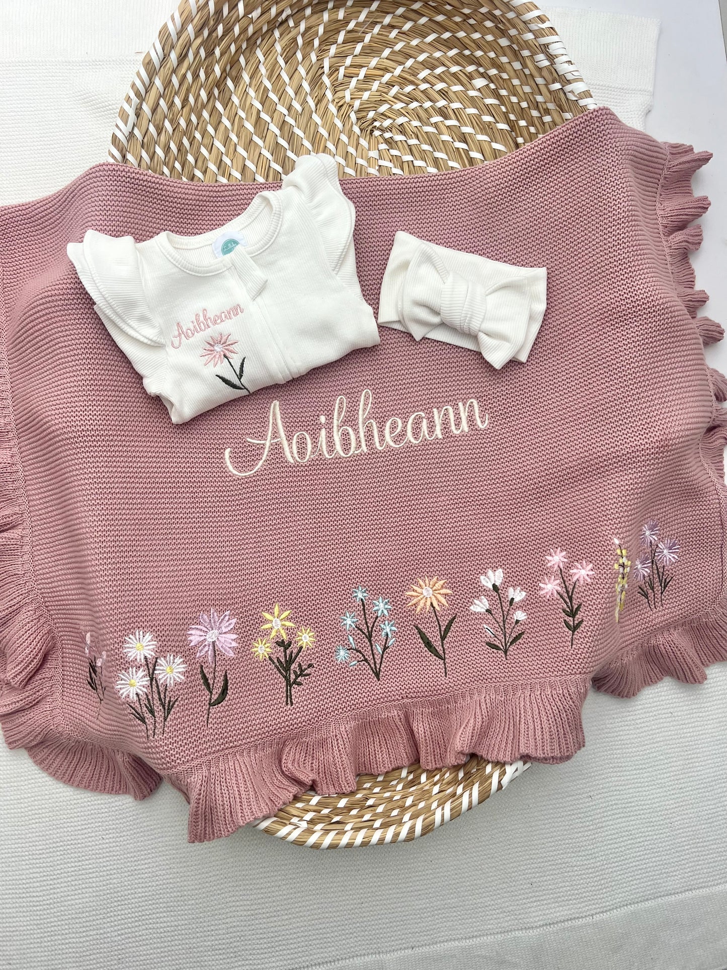 Bespoke Floral design Blanket, Teddy, Grow & Headband (Please allow 8-10days for this item to be made)