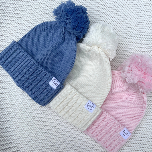100% Cotton Knit Pom Pom Hats 0-3m