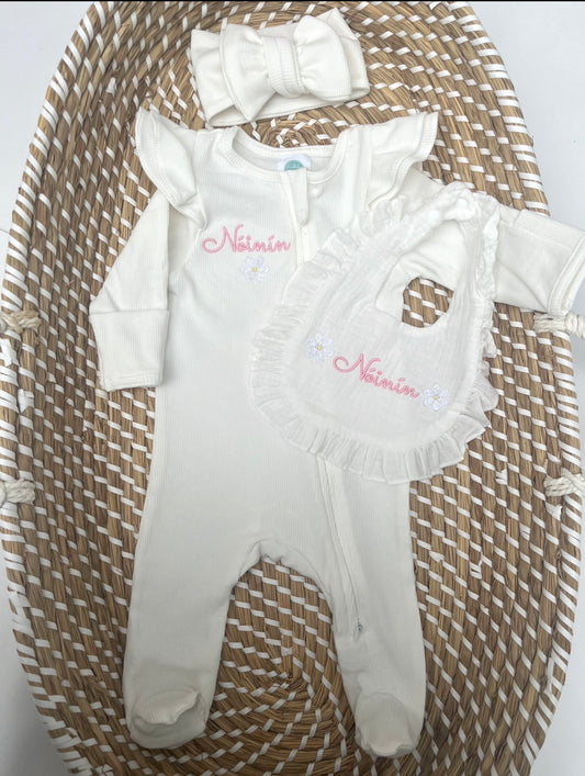 Personalised Frill shoulder grow, headband & Bib