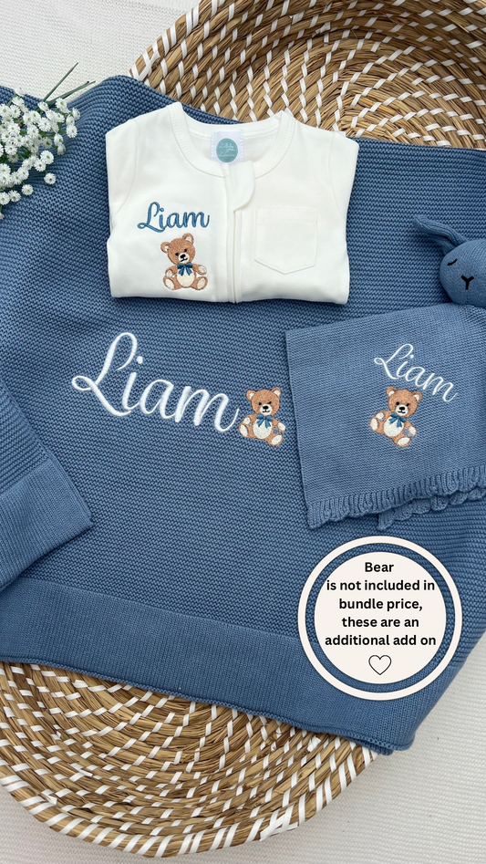 Build your own 3 piece Plain Knit Blanket, Teddy & Babygrow Bundle (More Colours available)