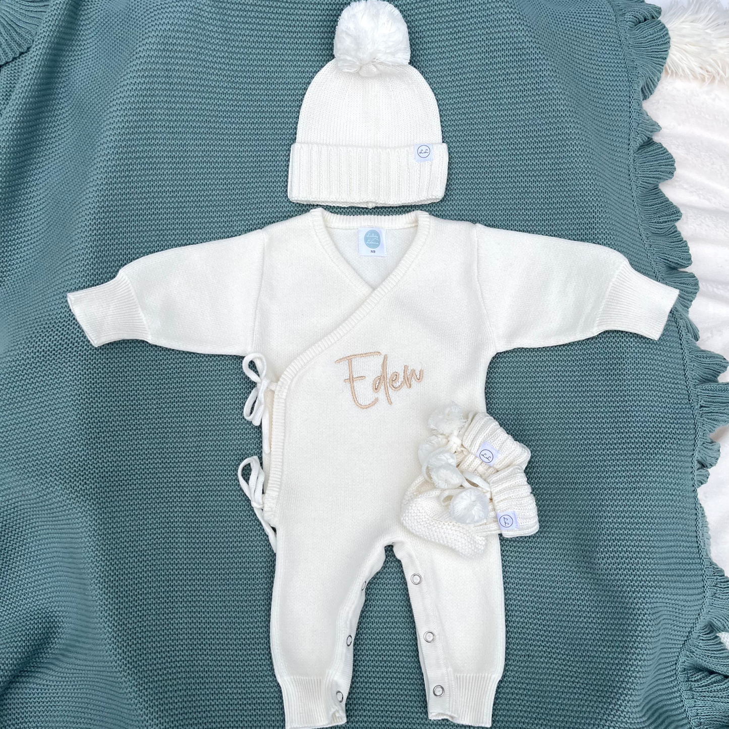 Luxury Crossover Long Romper, Headband Or Hat & Booties Set Soft Cream
