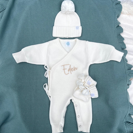Luxury Crossover Long Romper, Headband Or Hat & Booties Set Soft Cream