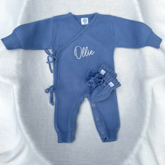 Luxury Crossover Long Romper & Booties Set Powder Blue