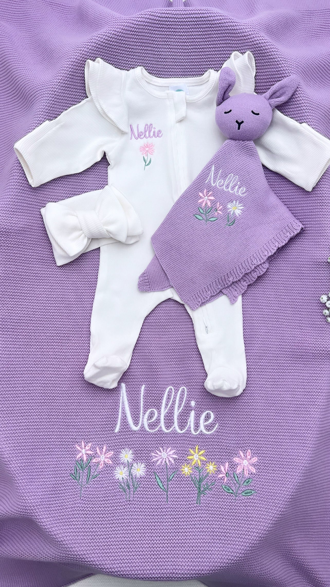 4 Piece Flower Blanket, Teddy, Babygrow & Headband Bundle Dewdrop