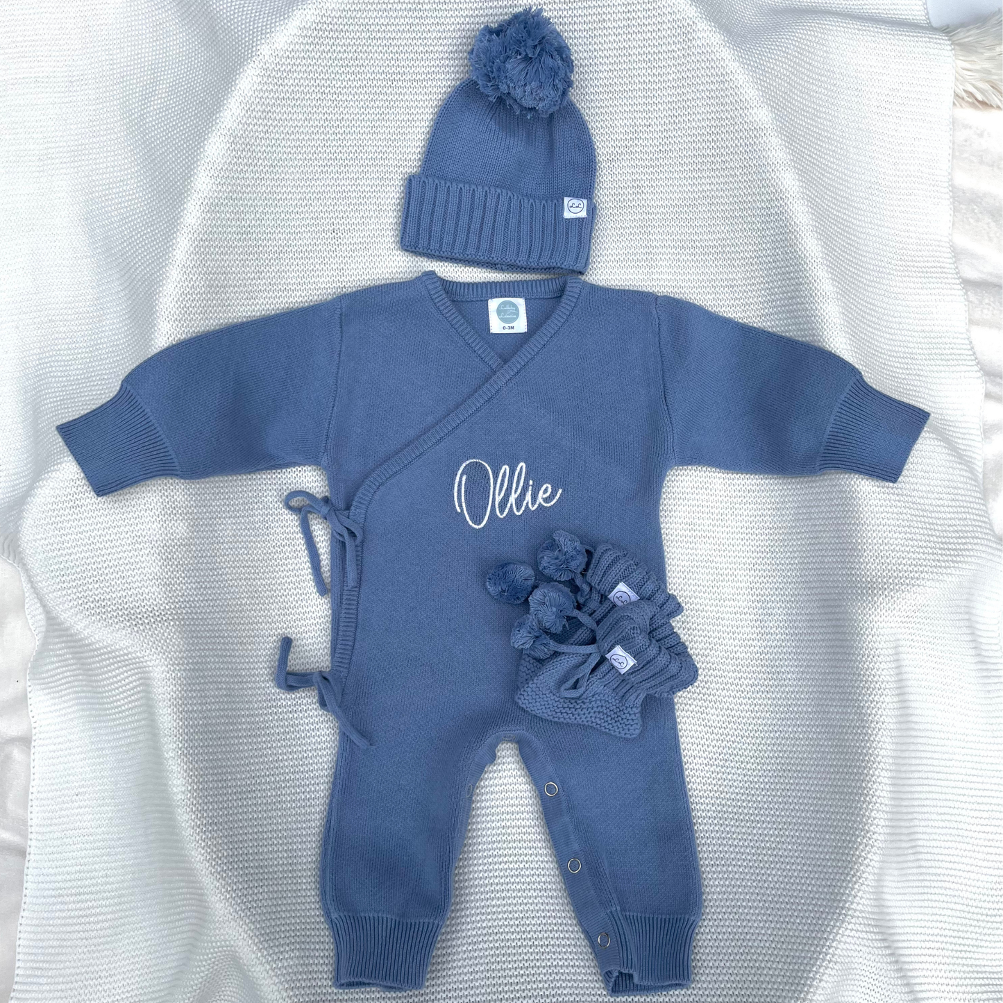 Luxury Crossover Long Romper, Hat & Booties Set Powder Blue