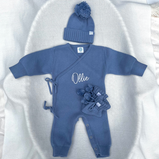 Luxury Crossover Long Romper, Hat & Booties Set Powder Blue