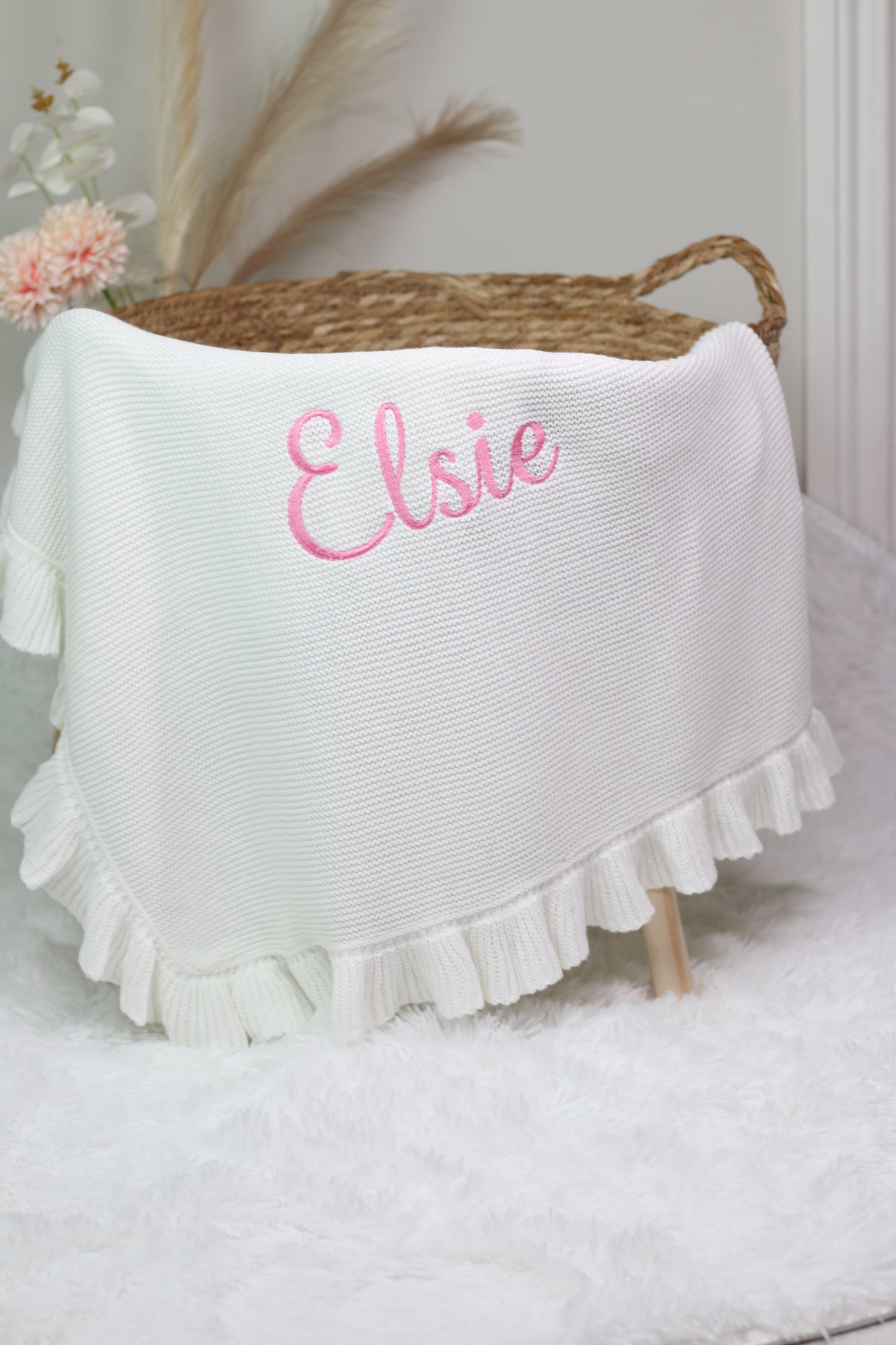 Frill Edge 100% Cotton Knit Personalised Baby Blanket Cloud