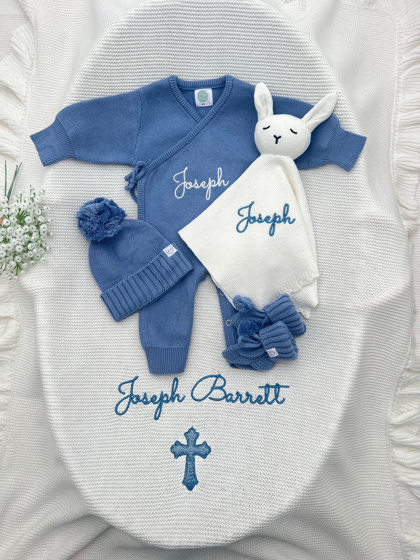Build your own 5 piece Frill Blanket,Teddy & Knit Romper set bundle (Other colours available)