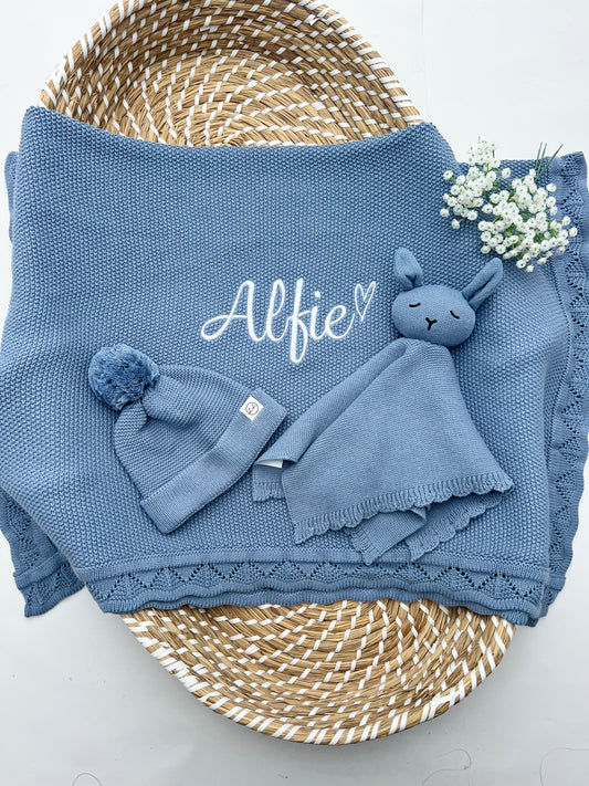3 Piece Misty Blue Crochet Knit Blanket Comforter & Hat Bundle