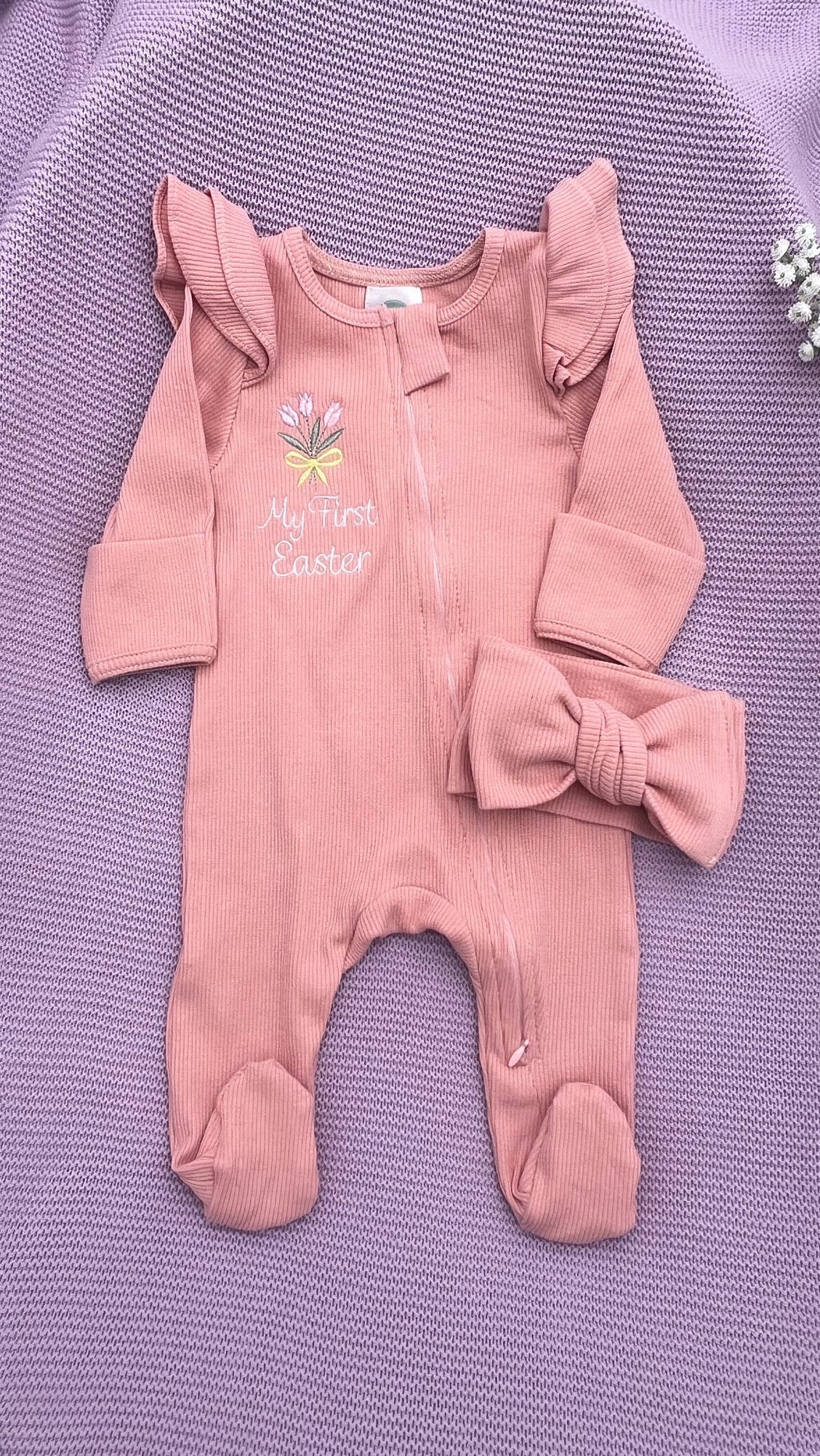 Pink Cotton stretch Easter Babygrow
