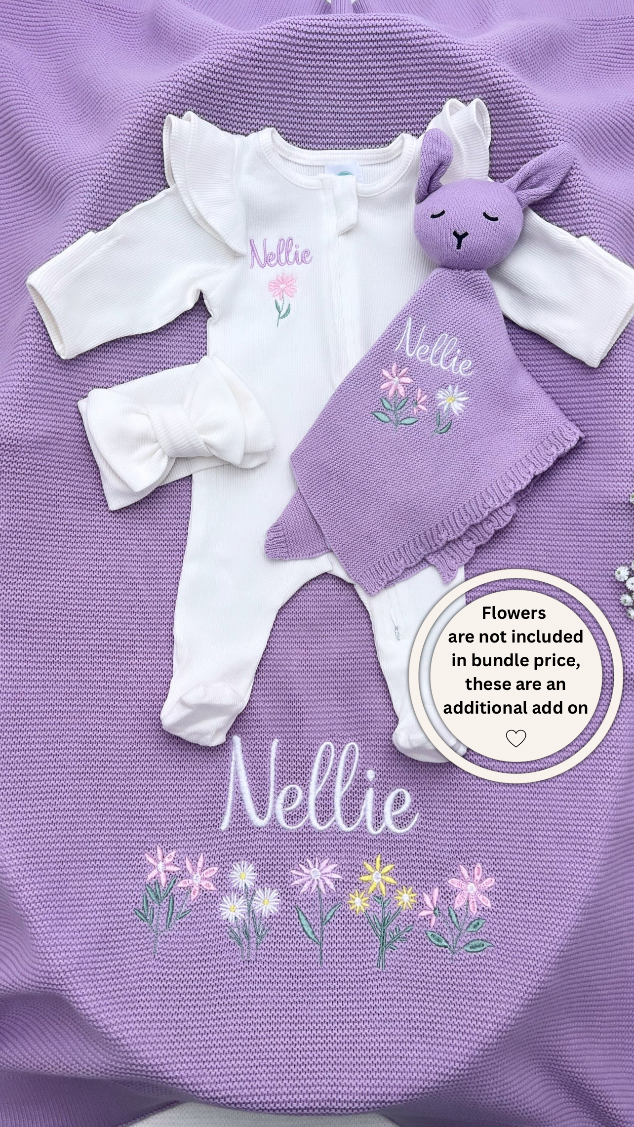 Build your own Plain Knit Blanket, Teddy & Frill shoulder Babygrow with headband bundle (More Colours available)