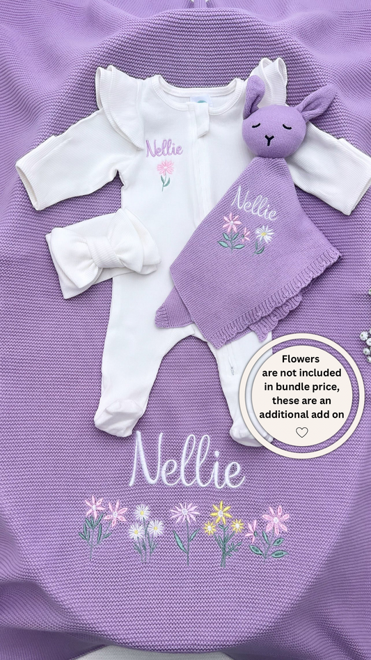 Build your own Plain Knit Blanket, Teddy & Frill shoulder Babygrow with headband bundle (More Colours available)