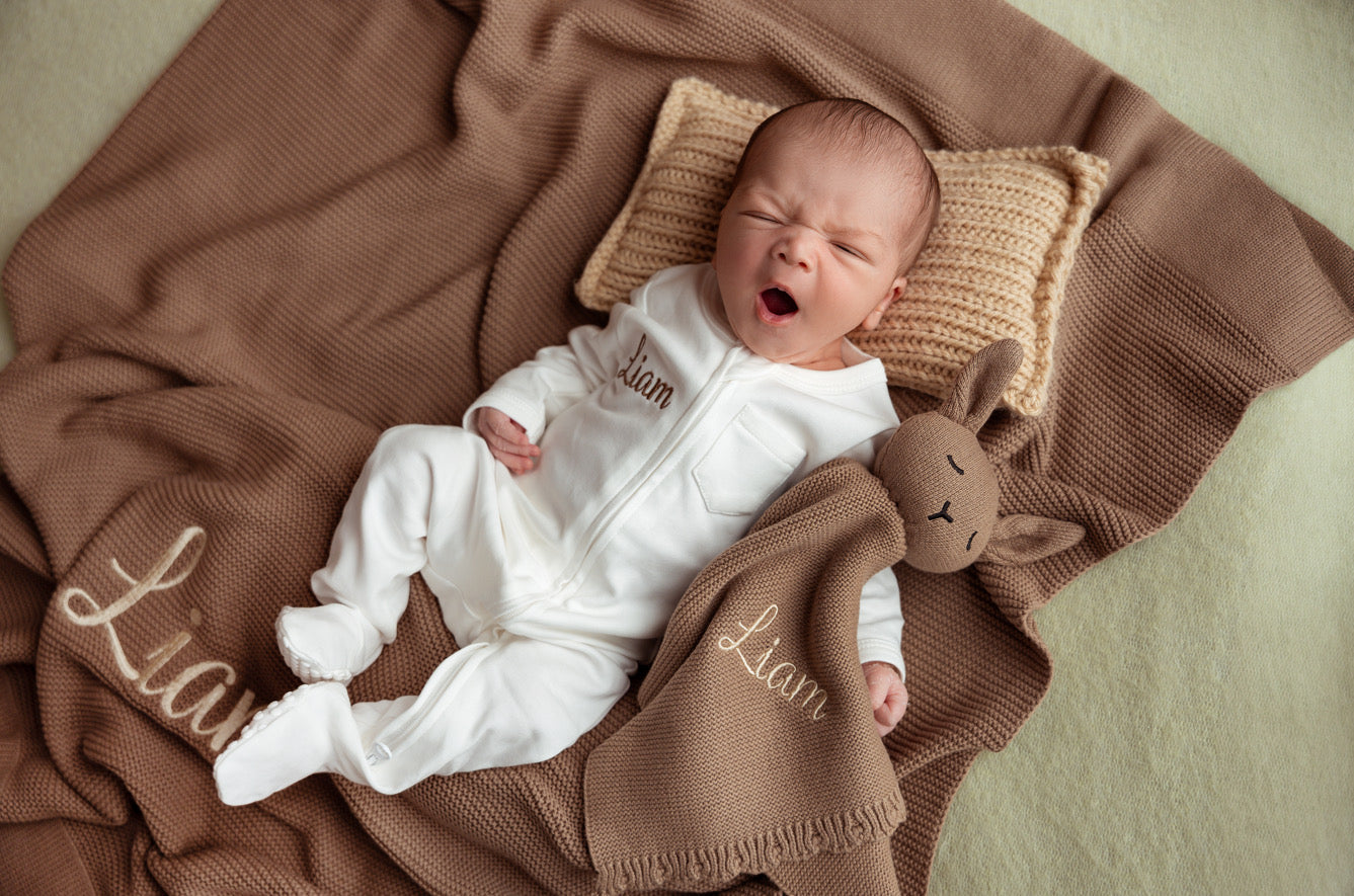 Build your own 3 piece Plain Knit Blanket, Teddy & Babygrow Bundle (More Colours available)