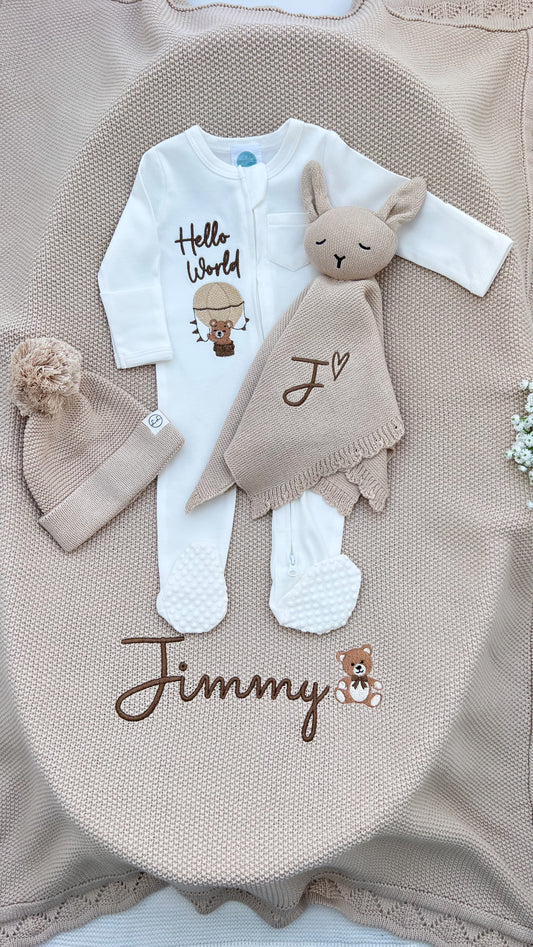 4 Piece Beige Blanket, Teddy, Babygrow & Hat Bundle