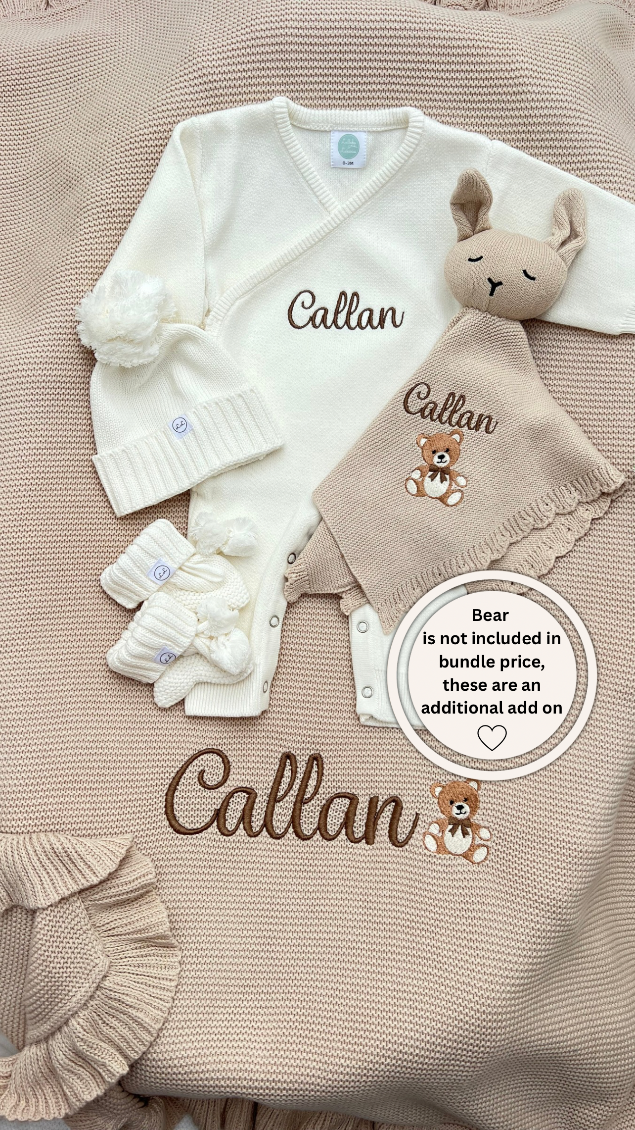 Build your own 5 piece Frill Blanket,Teddy & Knit Romper set bundle (Other colours available)