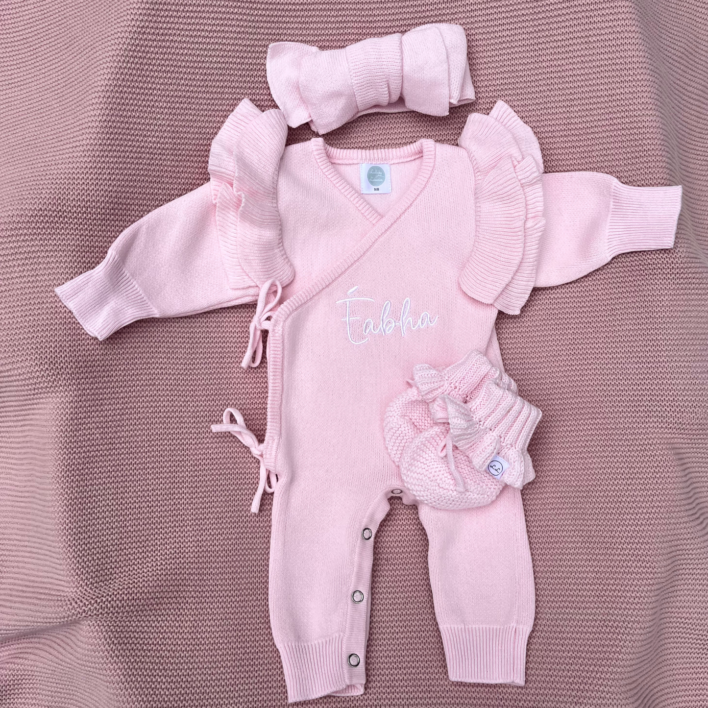 Luxury Crossover Long Romper, Headband Or Hat & Booties Set Powder Pink