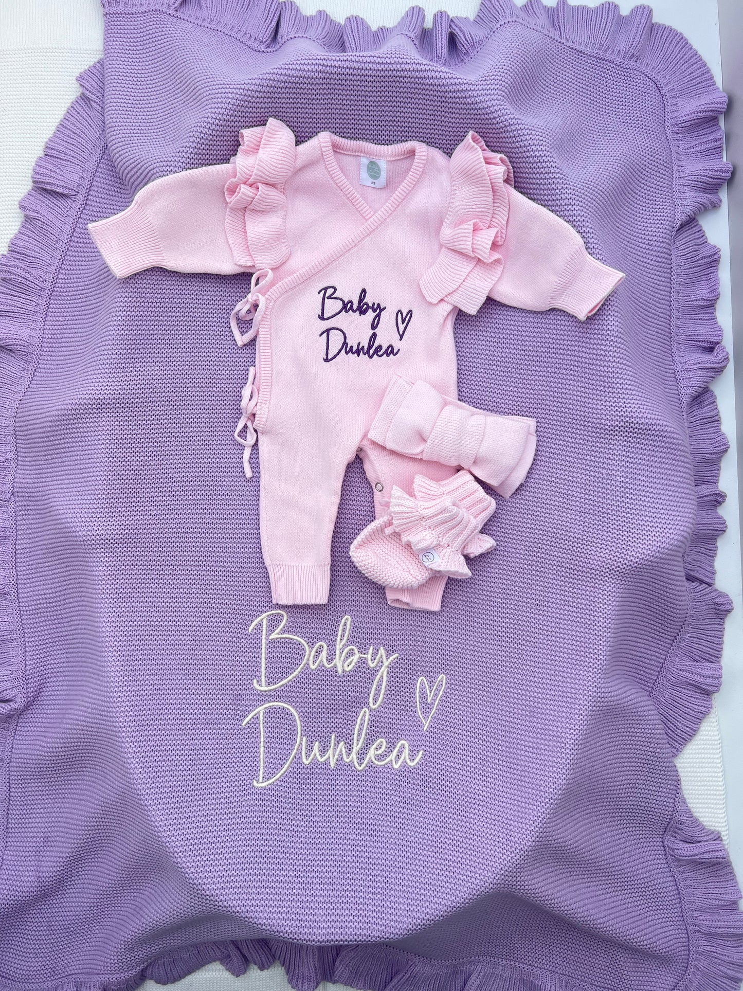 Build your own 5 piece Frill Blanket,Teddy & Knit Romper set bundle (Other colours available)