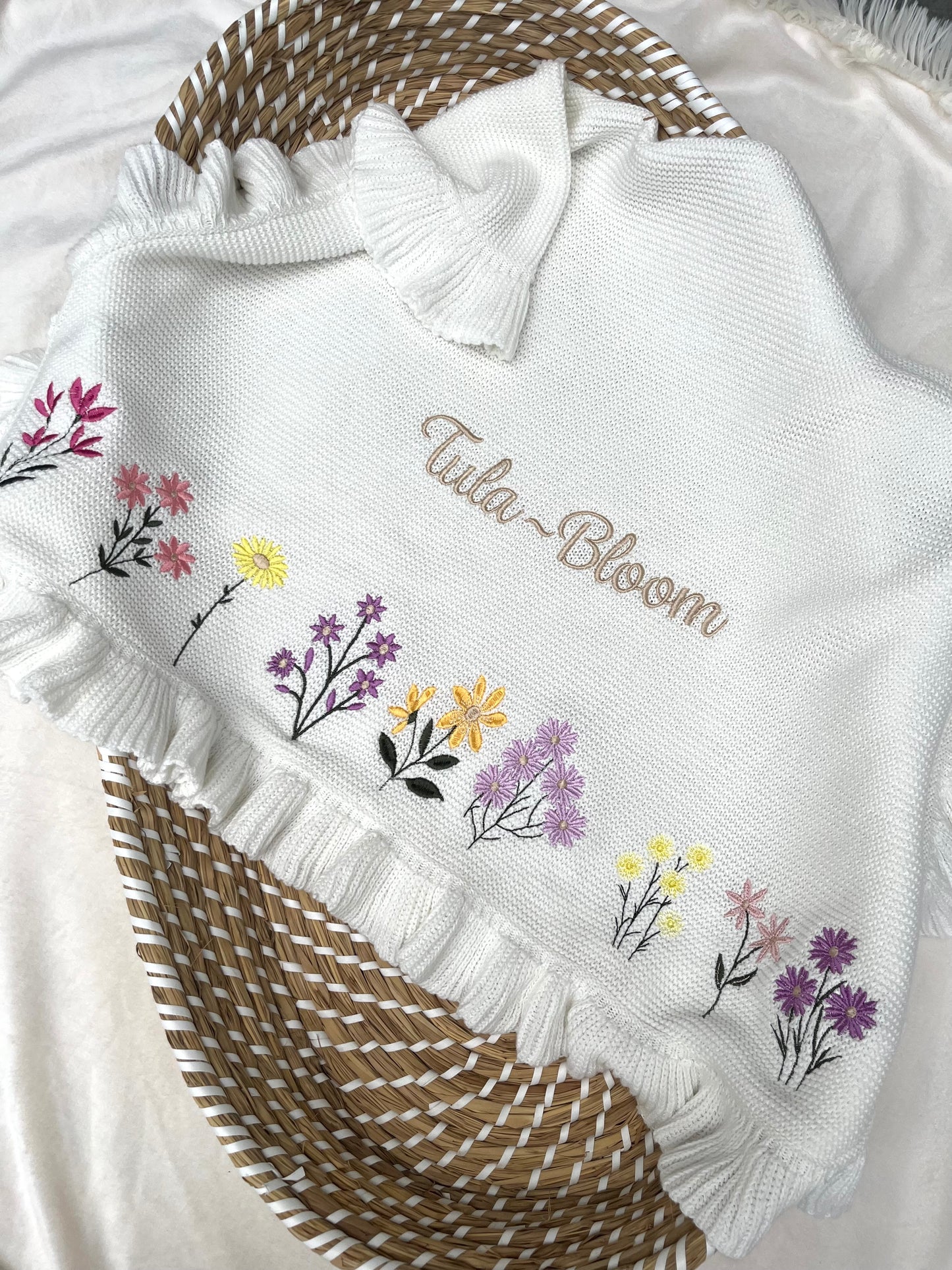 Bespoke Floral design Blanket Frill Edge (Please allow 8-10days for this item to be made)