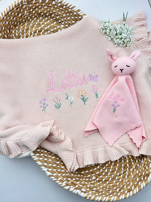 Frill Edge 100% Cotton Knit Personalised Baby Blanket & Teddy Bundle