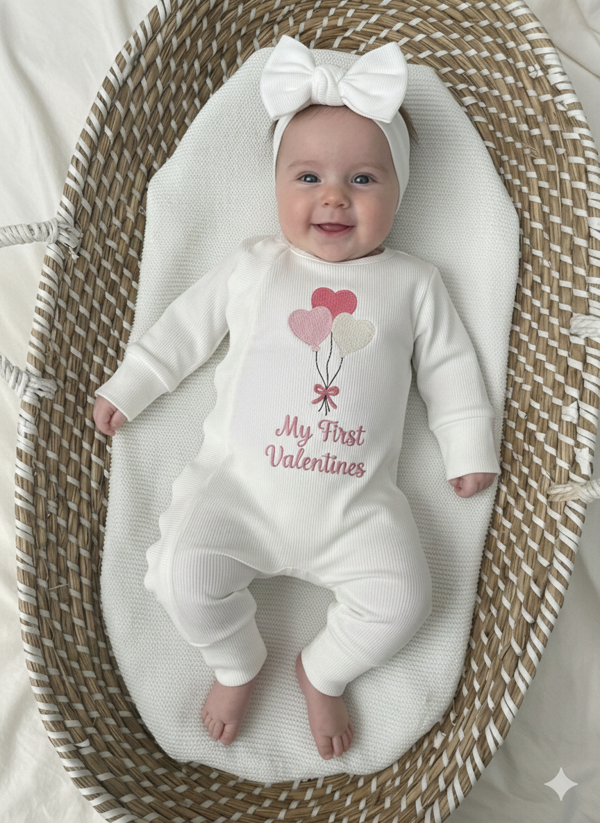 Baby Girls Valentines Frill Babygrow & Headband White