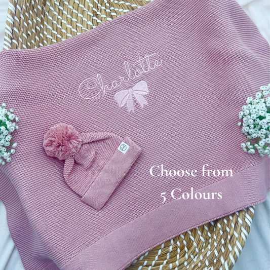 Plain 100% Cotton Knit Baby Blanket & matching Hat