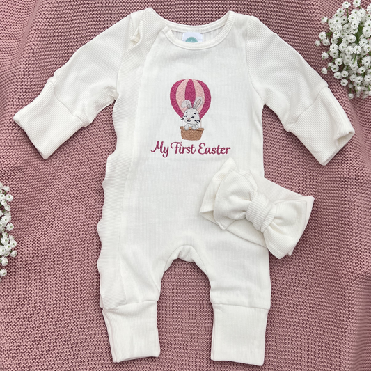 Baby Girls Easter Footless Babygrow & Headband White