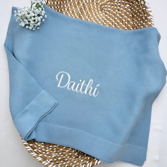 Plain 100% Cotton Knit Personalised Baby Blanket Baby Blue