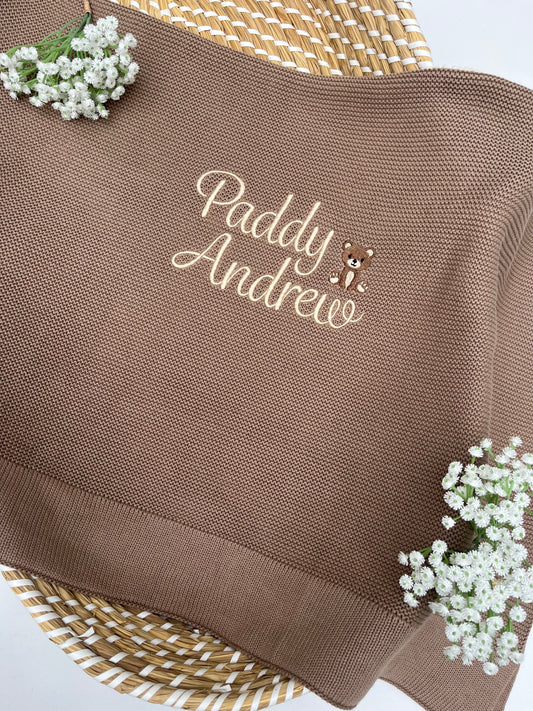 Plain 100% Cotton Knit Personalised Baby Blanket Mocha