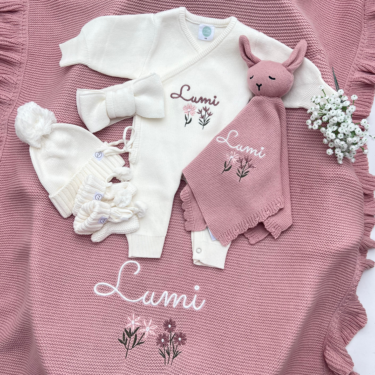 Build your own 5 piece Frill Blanket,Teddy & Knit Romper set bundle (Other colours available)