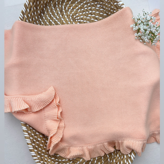 Frill Edge 100% Cotton Knit Personalised Baby Blanket Peach Pop
