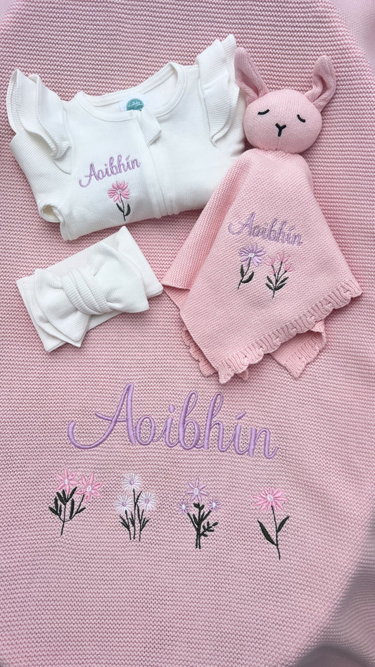 4 Piece Flower Blanket, Teddy, Babygrow & Headband Bundle
