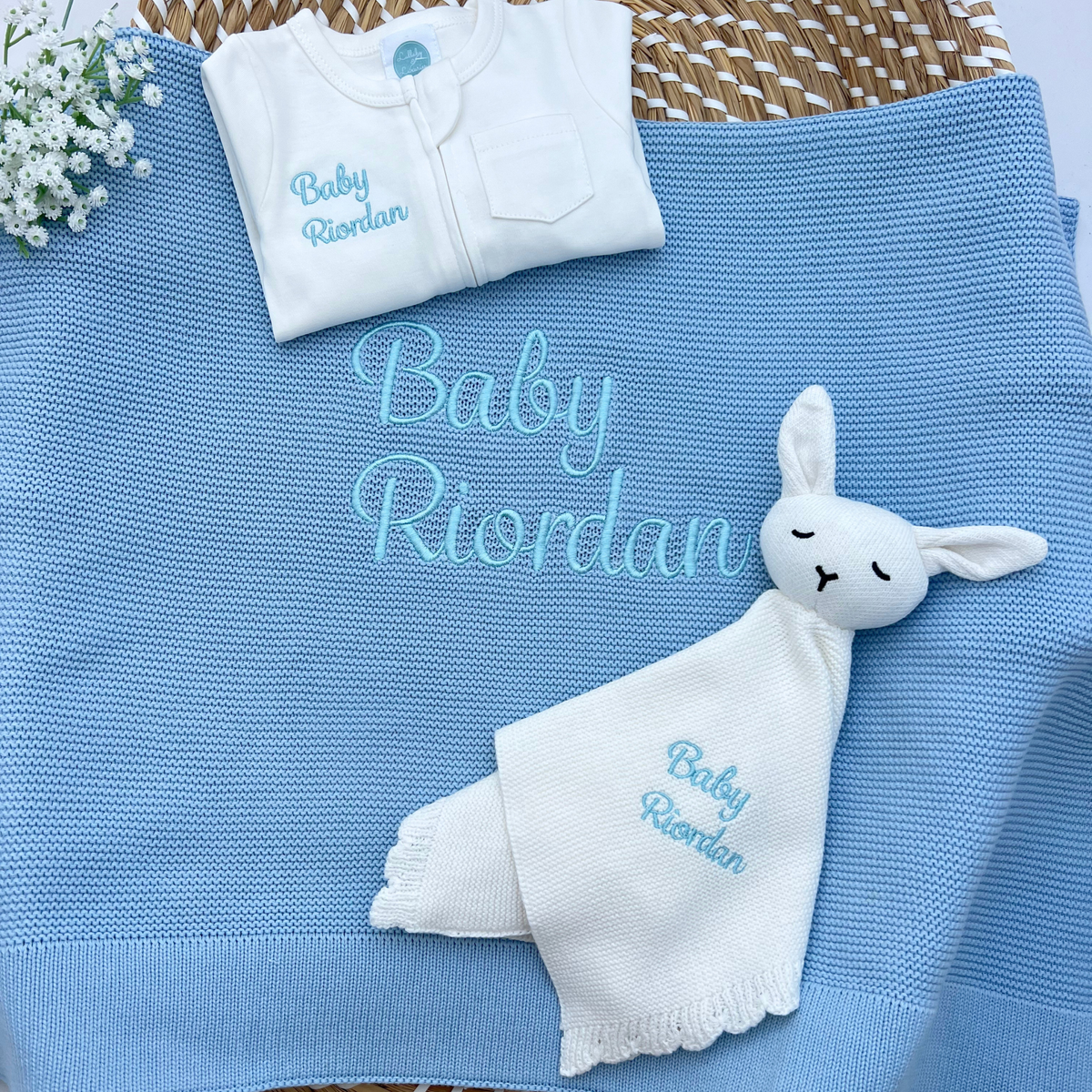 Build your own 3 piece Plain Knit Blanket, Teddy & Babygrow Bundle (More Colours available)