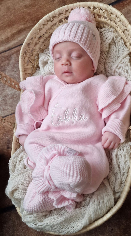 Luxury Crossover Long Romper, Headband Or Hat & Booties Set Powder Pink