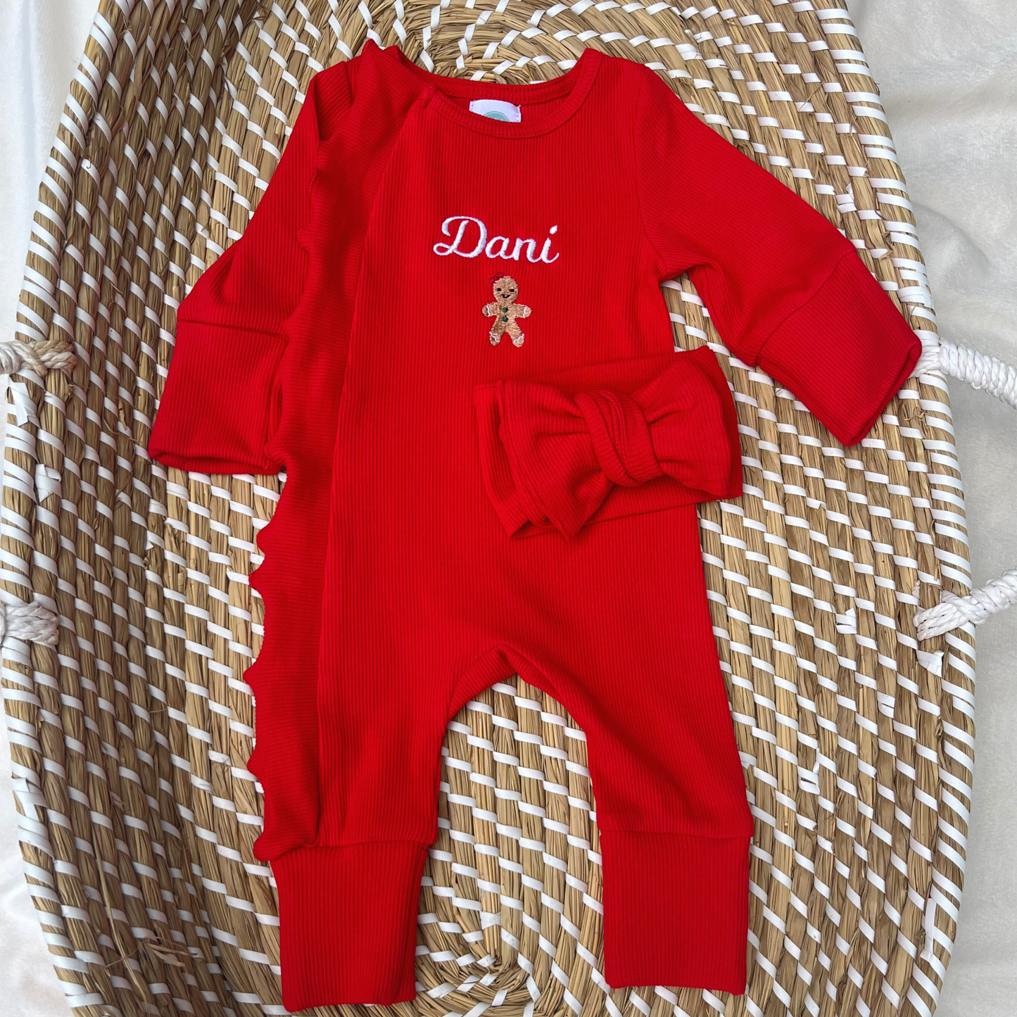 Red footless babygrow with matching hat or headband (Get 15% off when you buy 2 or more sets)