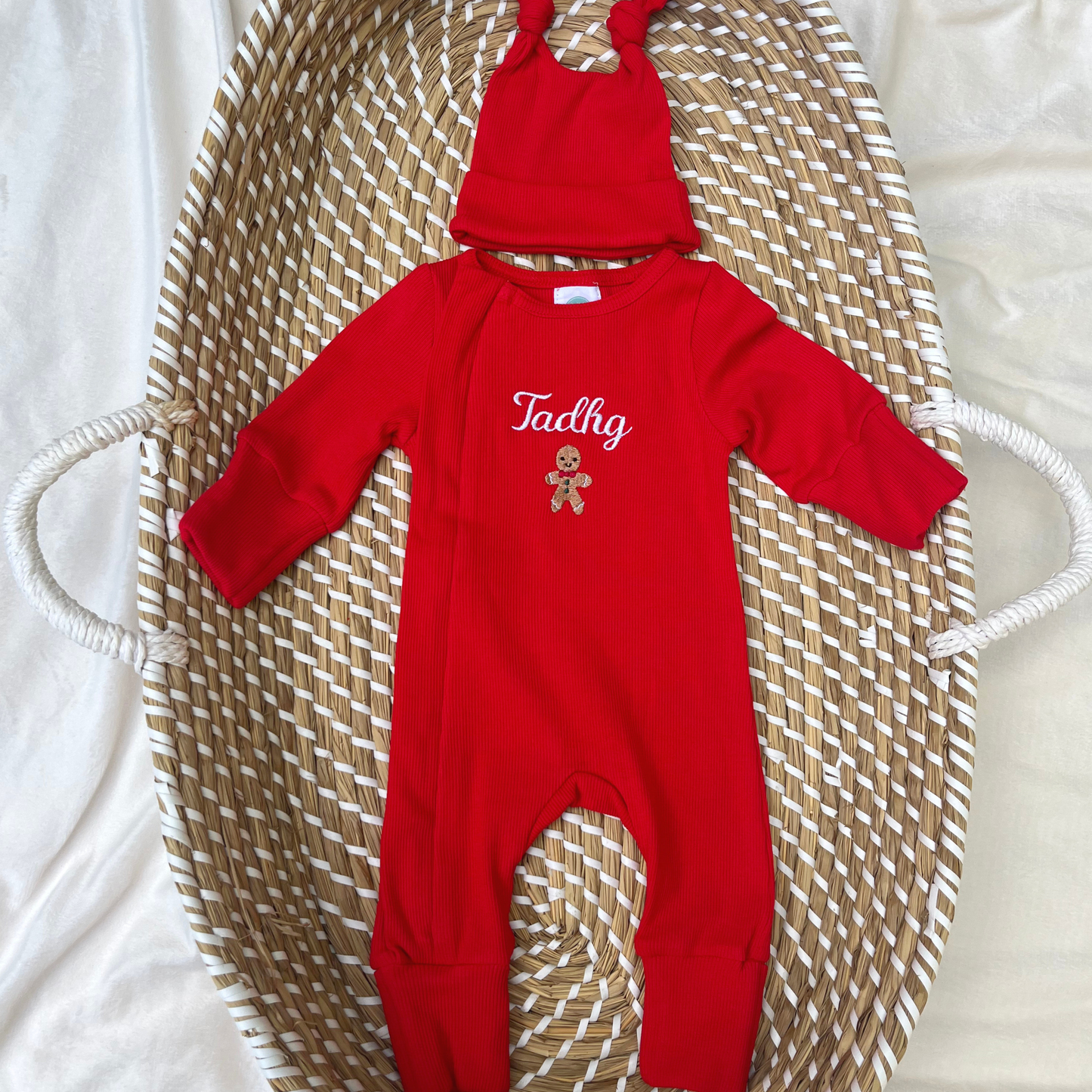 Red footless babygrow with matching hat or headband (Get 15% off when you buy 2 or more sets)