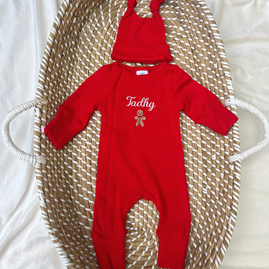 Baby Boys 2 piece Christmas Grow & Hat set (Different shade of red to the Xmas PJs)