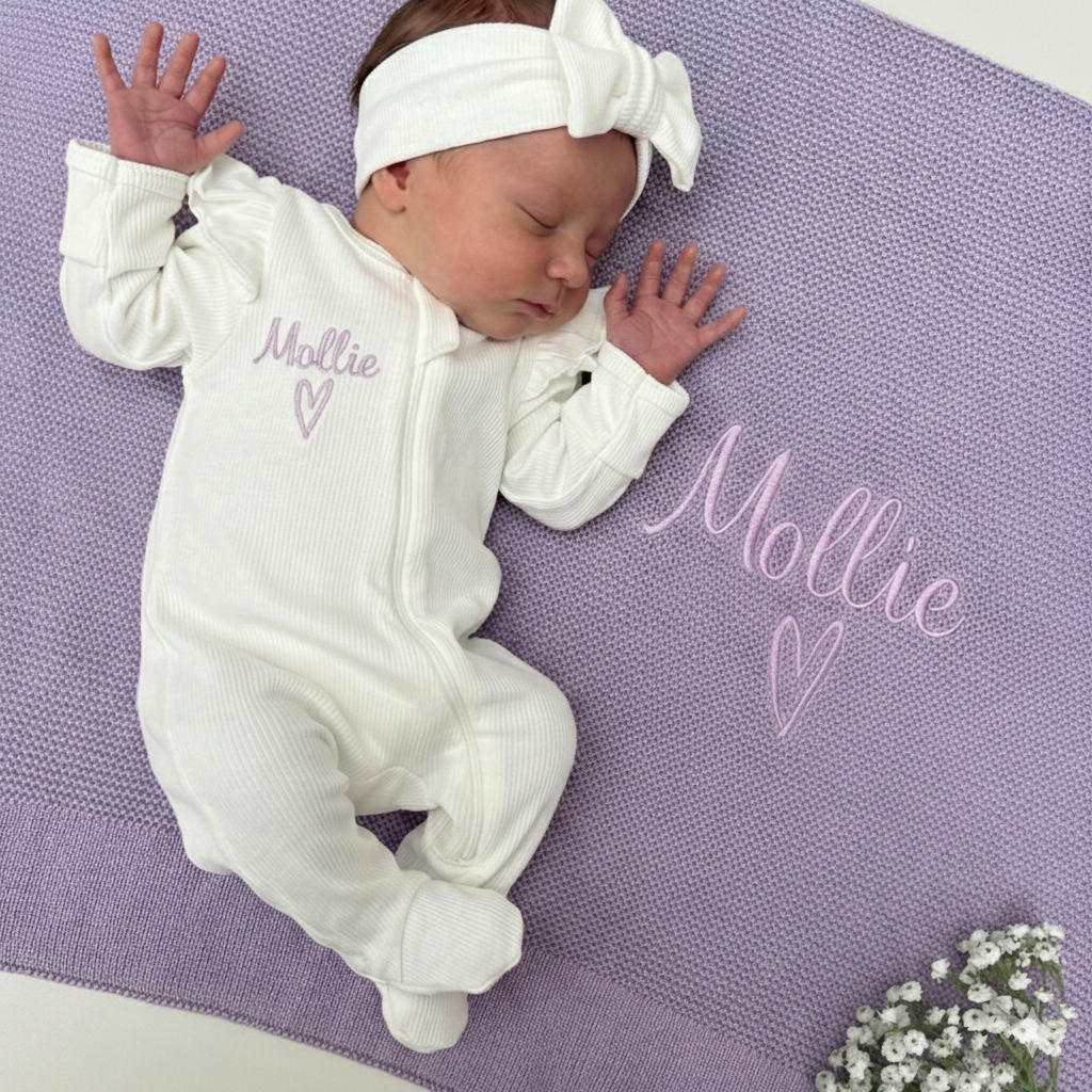 Build your own Plain Knit Blanket & Frill shoulder Babygrow with headband bundle (More Colours available)