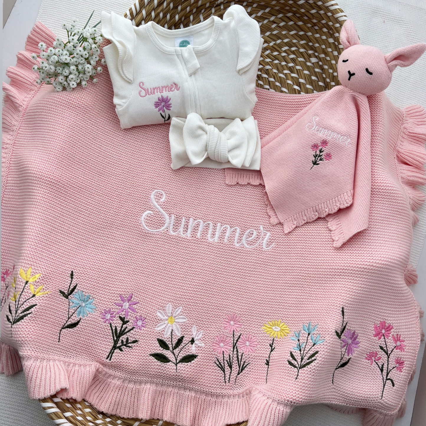 Bespoke Floral design Blanket, Teddy, Grow & Headband (Please allow 8-10days for this item to be made)