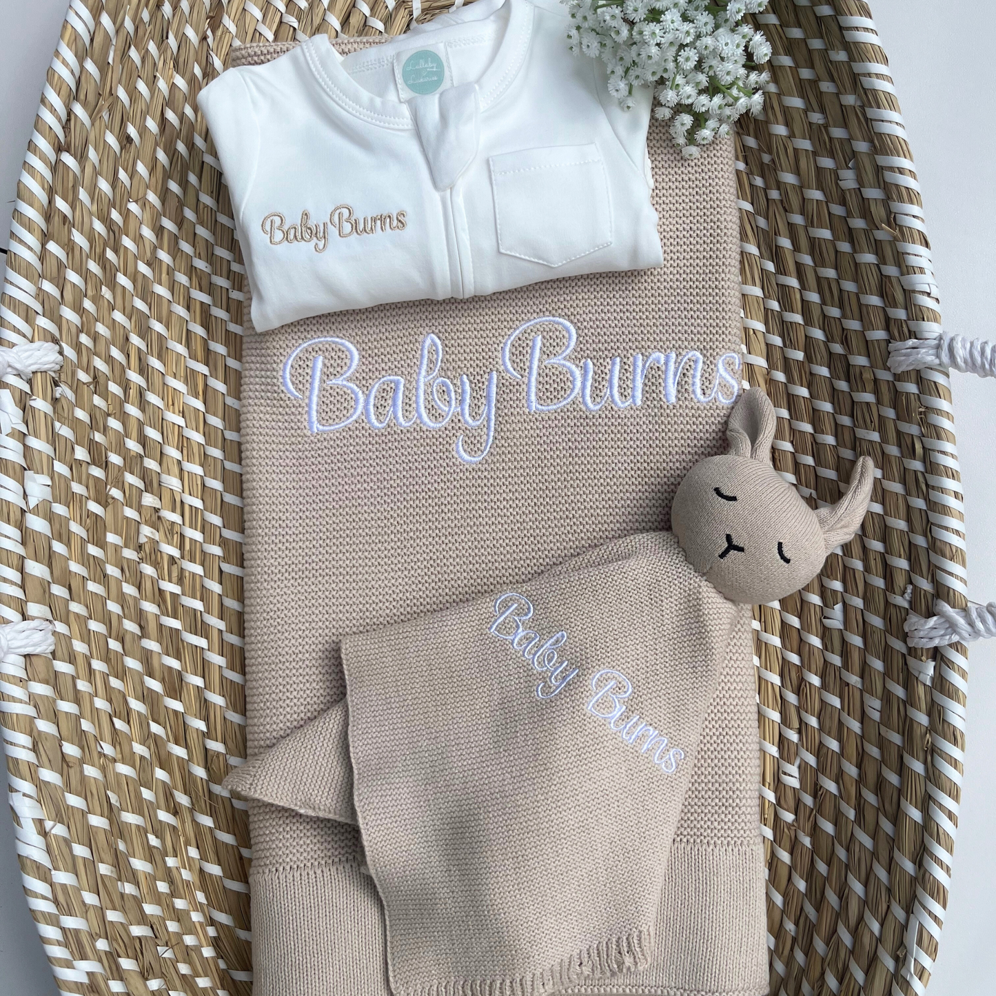 Build your own 3 piece Plain Knit Blanket, Teddy & Babygrow Bundle (More Colours available)